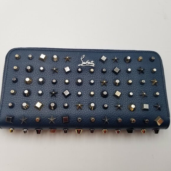 Christian Louboutin Handbags - Christian Louboutin Wallet Navy Leather Stars/Studs Zip Around, 8" x 4" has COA
